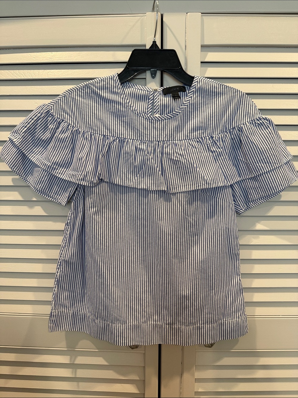 J. Crew Blue and White Striped Ruffle Yoke Blouse